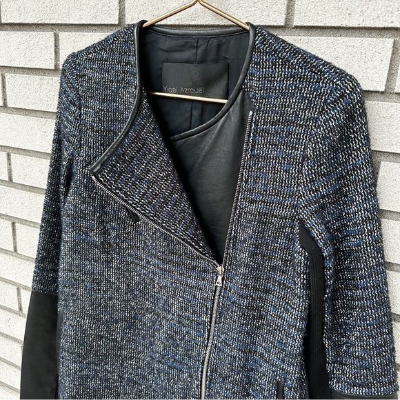Yigal Azrouël Wool Tweed Moto Jacket Lambskin Leather Asymmetrical Zip Blazer - Picture 2 of 11